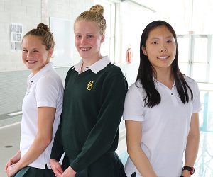 BRIAN BAKER/TOWN CRIER GATORS TO WATER: OFSAA and CISAA competition proved profitable for Havergal College swimmers. From left, Alie Hunter, Hailey White and Angelina Pan.