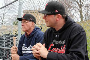 BRIAN BAKER/TOWN CRIER  WAITING IT OUT: Leaside Baseball Association president Howard Birnie, left, is seen here with fellow executive member Dan Berlin in a file photo. The LBA application for a grant from the Jays Care Foundation to fix up Bennington Heights Park was turned down — for now. 