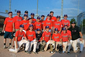 PHOTO COURTESY ALAN MCMILLAN A WEEKEND TO REMEMBER: Leaside's Minor Peewee AA team, coach by Eric Stickney, far right, won the provincial championship, Aug. 31 in Windsor. 