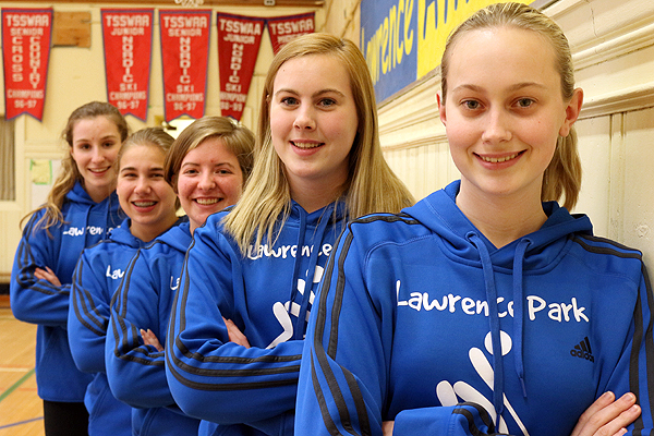 BRIAN BAKER/TOWN CRIER PANTHERS WHO MEAN BUSINESS: Erin Zlahtic, left, Nicole Gamm, Corinne Hisey, Cayla Auld and Courtney Auld were part of Lawrence Park’s golden curling team at OFSAA.